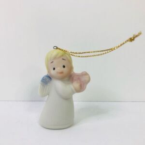 vintage homco angel ornament blonde hair with harp blue wings 2 1/4 inches